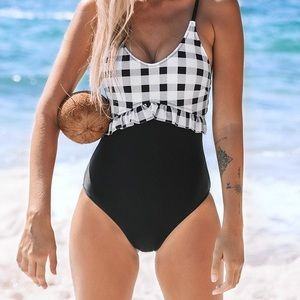 NWT Black and White One Piece Swimsuit with Ruffle